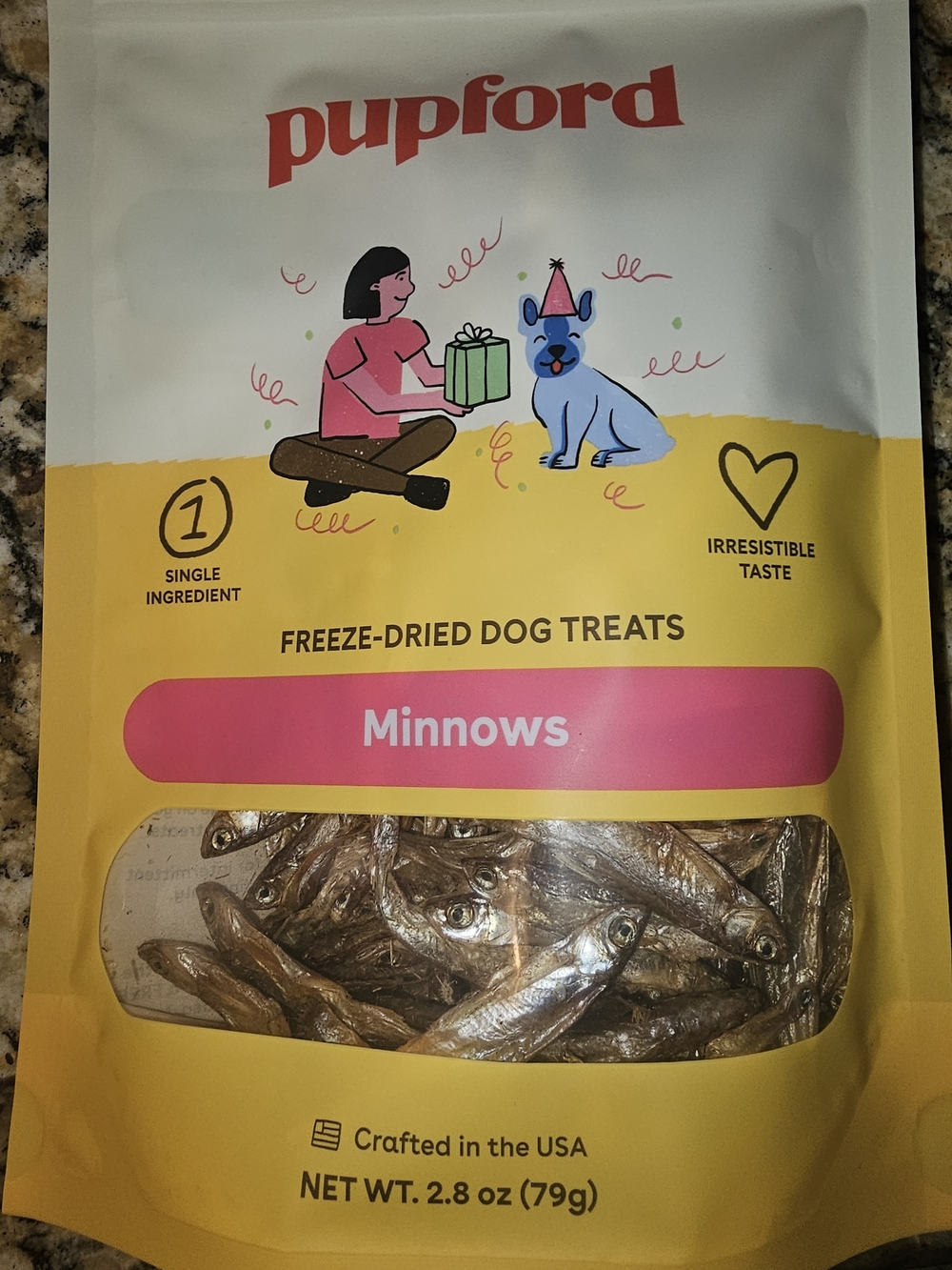 Pupford Freeze-Dried Minnows Dog Treats - Pink and Yellow Packaging